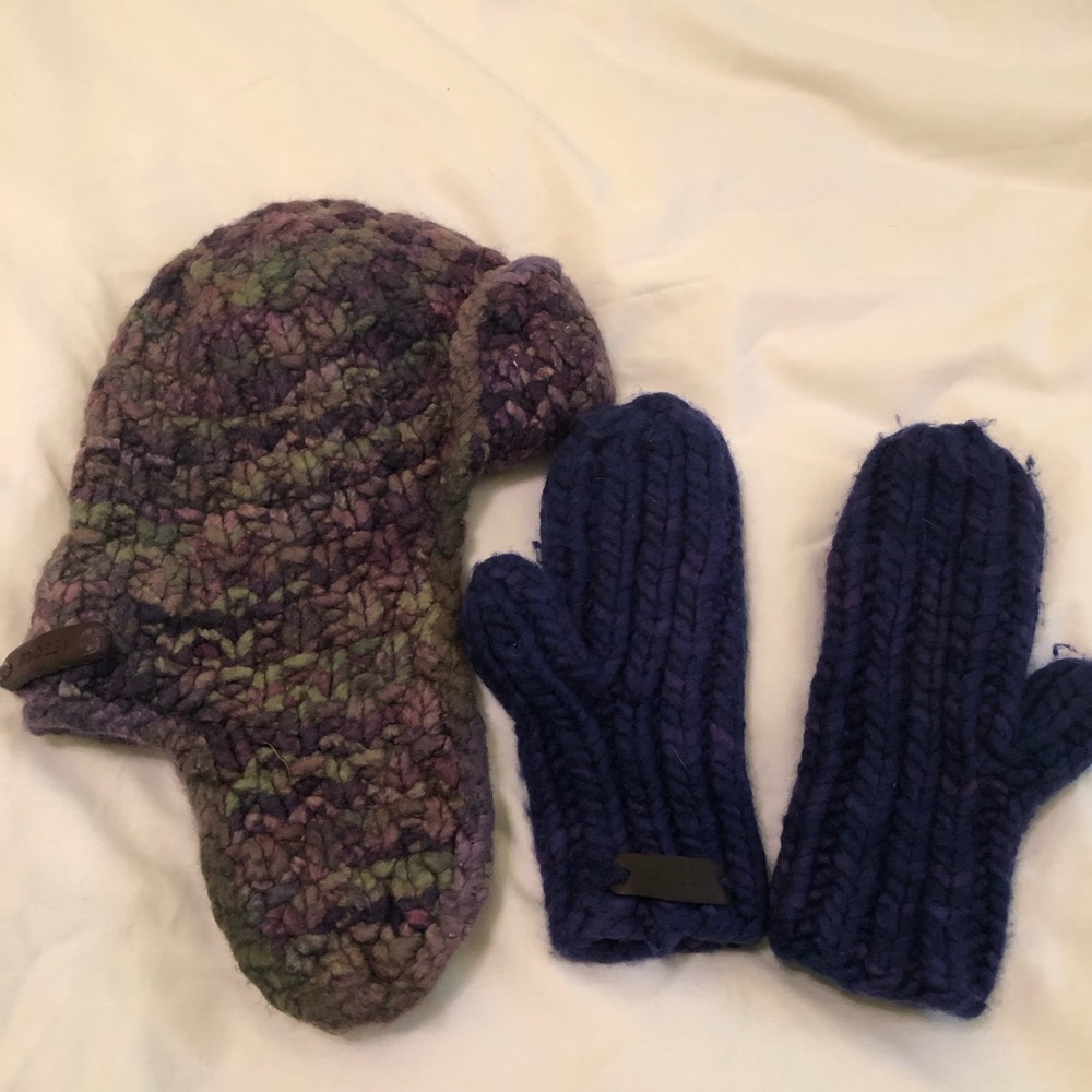 M0851 wool hunters cap & mittens, 100% wool, handmade, size Small ,multicolour